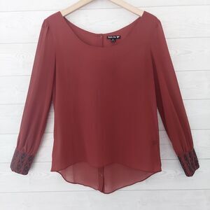 Double Zero Red Blouse Medium Long Sleeve Emroidered Semi Sheer